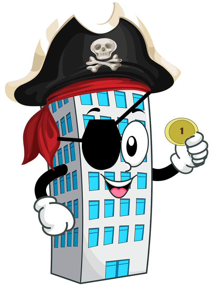 A skyscraper dressed like a pirate holding a gold coin.
